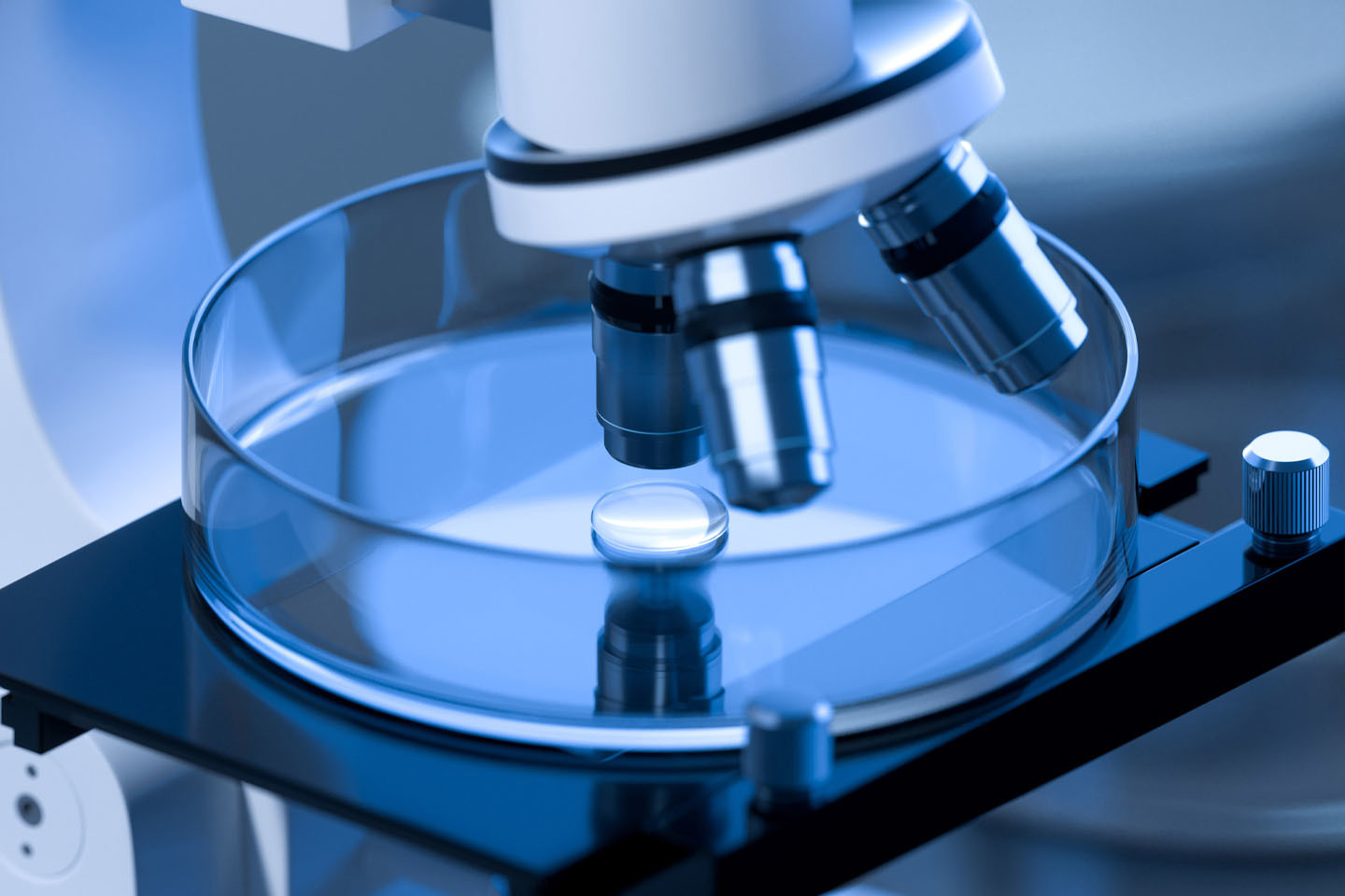 microscope looking at liquid drop in clear dish