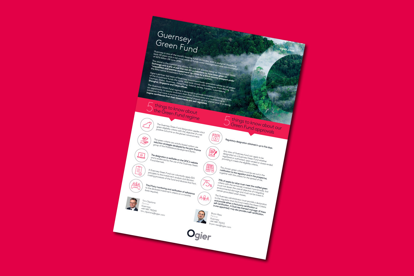 Infographic highlights five things about Guernsey Green Funds with a circular aerial photograph of woodland, illustrated sector icons and team contacts